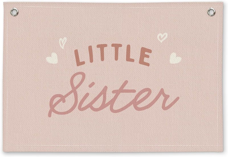 ETVISO Pink Little Sister Girls Room Decor - Linen Banner Wall Hanging Canvas Banner Flag Decor for Girly Nursery Toddler Playroom Bedroom Dorm Apartment - Image 1